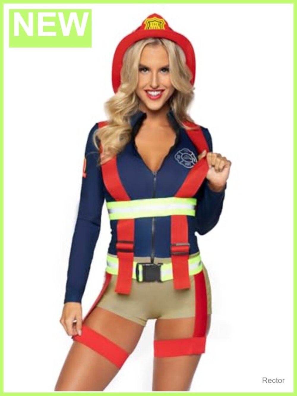 Firefighter Costume Zip Up Spandex Romper with Garter Suspenders